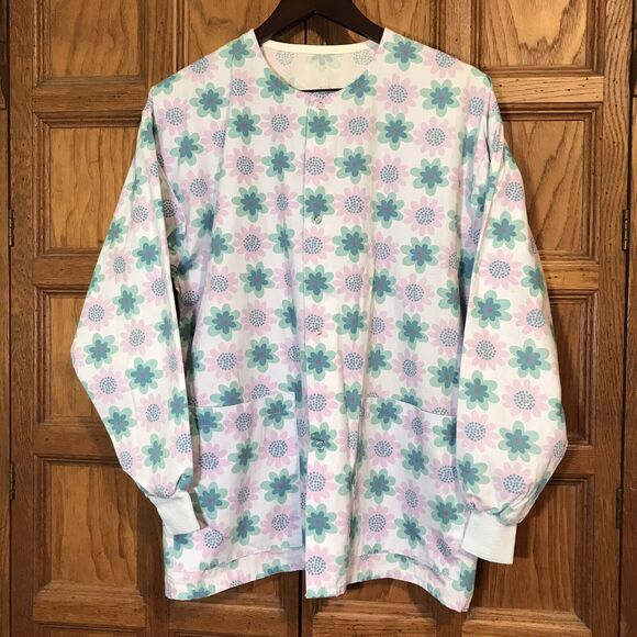 Floral Long Sleeve Snap Up Jacket Top Women's M Cotton Blend Scrubs 2 Pockets - Picture 3 of 10